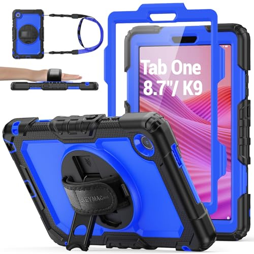SEYMAC stock Funda para Lenovo Tab One 8,7'' 2025/Tab K9, Azul | Funda Resistente con Protector de Pantalla [Soporte Giratorio de 360°/Correa de Mano] Portalápices & Correa de Hombro