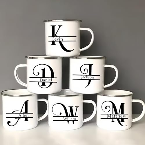 Personalized Name Initial Coffee Enamel Mug, Select Letters A-Z, Custom Couple Mugs with Name,10oz Camping Cup, Wedding Gifts