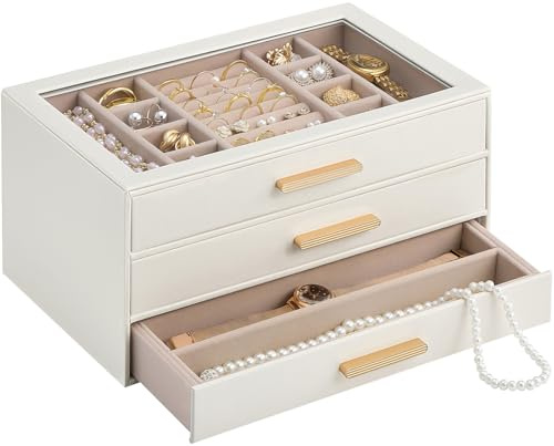 Lolalet Caja Organizadora de Joyas de 3 Niveles con Tapa de Vidrio, Joyero para Anillos Pendientes Pulseras y Collares, Estuche de Almacenamiento para Mujer y Niña, Regalo Elegante – 3 Capas, Beige