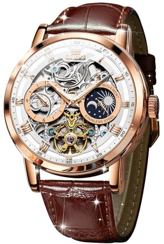 OLEVS Mens Automatic Watches Skeleton Tourbillon Self Winding Mechanical Genuine Brown Leather Strap Luxury Dress Wrist Watch Sun Moon Luminous Waterproof