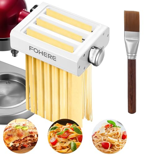 FOHERE 3-in-1 Nudelaufsatz Zubehör für KitchenAid Küchenmaschine | Pasta Maker Aufsatz Mit Nudelblattroller, Fettuccineschneider, Spaghettischneider und Reinigungsbürste(7 Einstellbare Dicken)