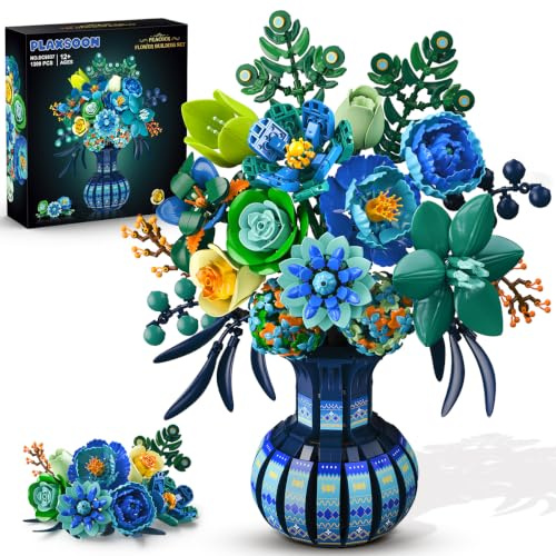 PLAXSOON Kit de Construction de Fleurs avec Vase pour Adultes Elle | Collection botanique – Bouquet en blocs, Kit de bonsaï artificiel Paon, Déco maison, Cadeau pour filles dès 12 ans (1309 PCS)