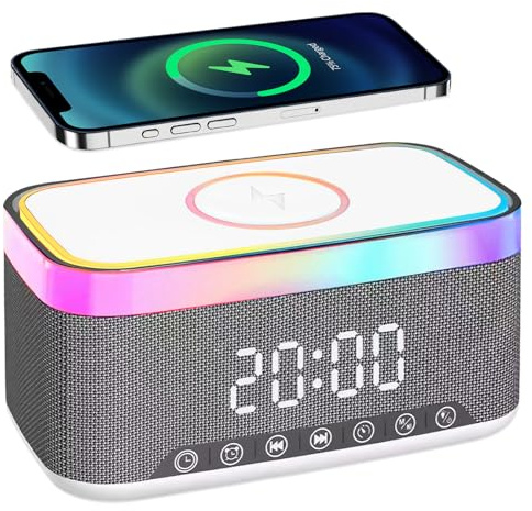 PORFOYO Digitaler Wecker mit Licht und Ladestation, 3-in-1 Wecker Digital mit Bluetooth Lautsprecher, 15W Kabelloses Ladegerät, Dual Alarm, 6 Farben Ambientelicht