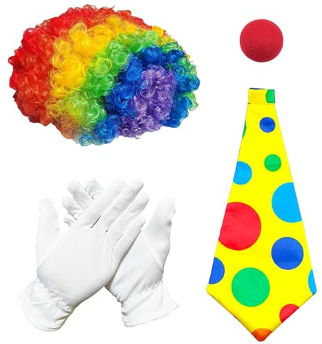 GWAWG Clown Costume Accessory, Curly Wig + Clown Nose + Colourful Tie + Gloves, Halloween Carnival Costumes for Women Men