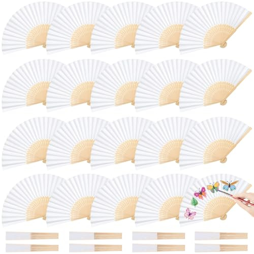 Purpledi 20Pcs Abanico Plegable de Mano Blanco Tela Regalo Recuerdo Detalle, Abanicos Blancos, Abanicos Boda para Invitados, Abanicos para Pintar, Abanicos Blancos, Abanico Personalizado