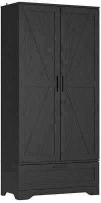 Tall Kitchen Pantry Cabinet with Adjustable Shelves & Large Drawer - Freestanding Wooden Storage Cupboard for Food, Dishes & Dining Room or Utility Room Organization (Black)