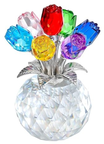 Crystal Colorful Rose Flower Collectible Figurine With Vase 8x7x10.5cm Glass Flower Ornaments 7 Colors Crystal Rose Bouquet Romantic Home Table Decoration For Birthday Valentine's Christmas