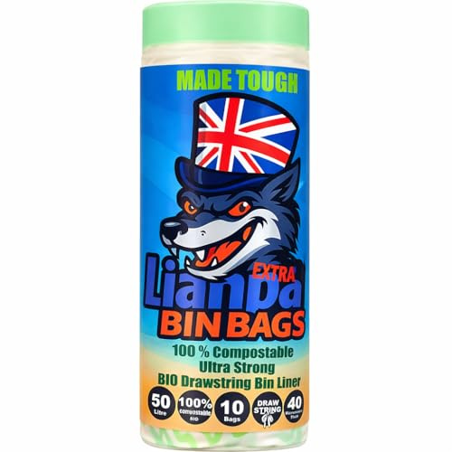 50L Drawstring Biodegradable Bin Liner, Food Waste Bags, 50 Litre Compostable Bin bags, 40 Micron Extra Strong Leak Resistant, compost recycling Bag for Kitchen Office, Green Natural 85×70cm 10 count