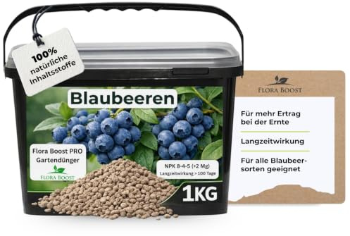 Flora Boost PRO Blaubeer Dünger 1KG, Langzeitdünger Granulat | Pflanzendünger NPK 8-4-5 für Heidelbeeren & Beerensträucher für kräftiges Wachstum, große Früchte & reiche Ernte