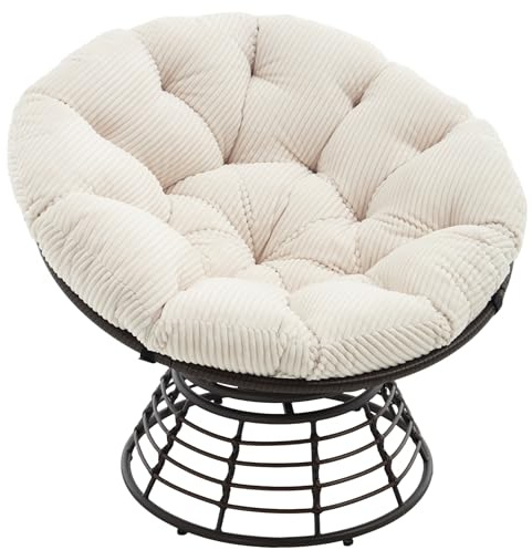 SEEDWAVE Drehbarer Papasan-Stuhl mit Stahlgestell, Relaxsessel mit weichem, abnehmbarem Kissen und Schutzpolster, bequemer Loungesessel für Wohnzimmer, Schlafzimmer und Balkon (Cremeweiß Cord)