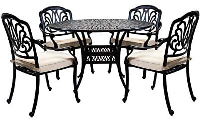 Charles Bentley Cast Aluminium Round Table And 4 Chairs Set, Black, Outdoor Table, with Four Beige Cushions, Garden, Patio, With Central Hole For Parasol, Weatherproof, Armchairs (120x120x90cm)