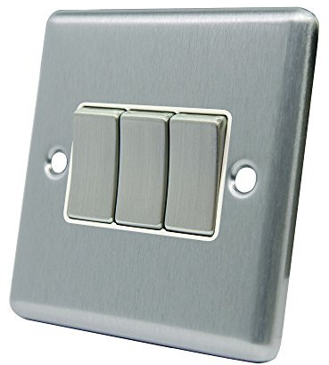 AET CSC3GSWIWS Satin Chrome Classical White Insert Metal Rocker Switches-10 Amp Triple 3 Gang 2 Way Light Switch, 240 V