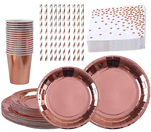 Vajilla de Fiesta Oro Rosa Platos y Vasos para Cumpleaños Infantil Niña para Suministros de Fiesta de Cumpleaños Bodas Decoraciones Baby Shower, 10 invitados