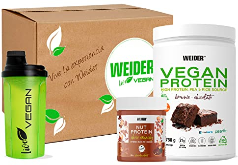 Weider-Caja vegan: 1 vegan protein de chocolate de 750g + 1 nut protein crunchy + shaker de regalo