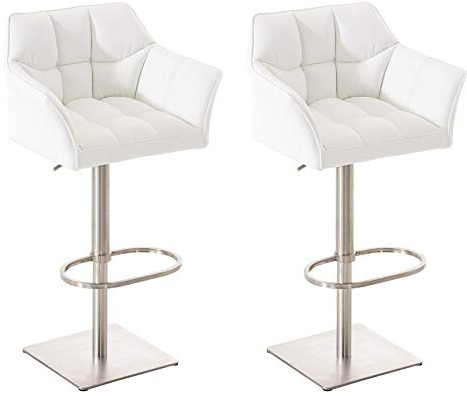 CLP 2er Set Barhocker Set Damaso Mit Kunstlederbezug Und Hochwertiger Polsterung I Höhenverstellbare Drehbare Barstühle Mit Lehne, Farbe:weiß, Gestell Farbe:Edelstahl