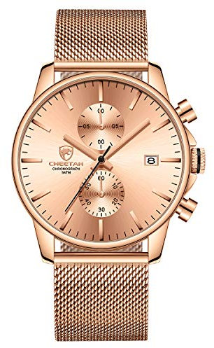 GOLDEN HOUR Men’s Watch Fashion Sleek Minimalist Quartz Analog Mesh Stainless Steel Waterproof Chronograph Watches, Auto Date in Black Hands, Color: Rose Gold