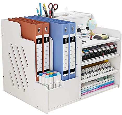 White Desktop Organizer, Multipurpose Desk Document File Tray Organizer Storage Display Shelf Rack for Home Office School(PB07)