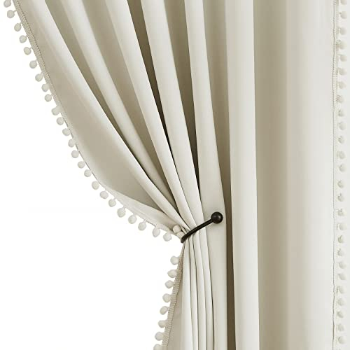 Vorhänge mit Bommeln, elfenbeinfarben, Verdunkelungsvorhänge für Wohnzimmer, 228.6 cm lang, Schlafzimmer, lichtblockierend, beige, energiesparend, dreifach gewebt, 127 cm breit, 2 Stück