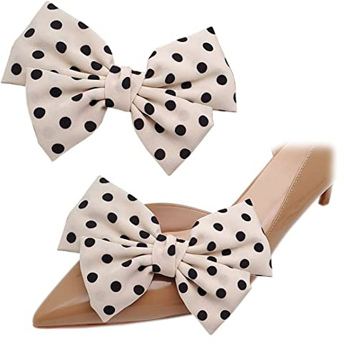 Tsangbaby Satin Bow Shoe Clips - Dots Solid Color Removable Elegant Wedding Party Shoe Buckle Bag Clothing Hair Accessories for Women Girls 2 Pcs Apricot Dots