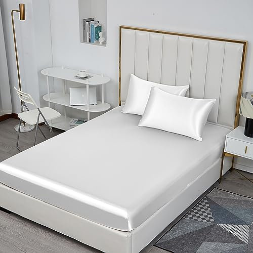 Michorinee Satin Spannbettlaken 140x200cm Weiß Glatt Seide Glanzsatin Bettlaken Boxspringbett Topper Microfaser Spannbetttuch für Matratze bis 25 cm