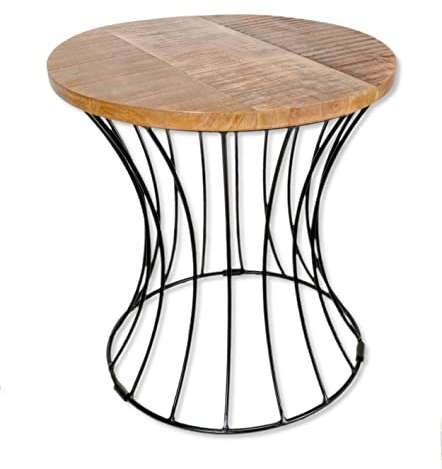 DARO DEKO Mango-Holz Beistelltisch Natur mit Metall-Gestell schwarz Ø 43cm x 47cm Blumenhocker Couch-Tisch