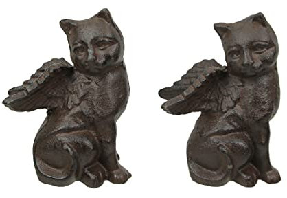 Buchstützen / Bücherregal, Gusseisen, Engel, Katze, Braun, 2 Stück