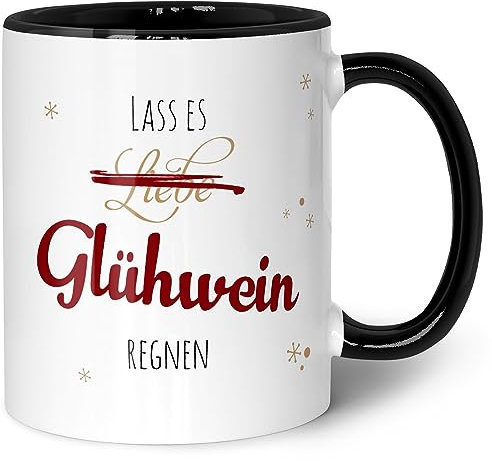 GRAVURZEILE Tasse mit Weihnachtsmotiv - Lass es Glühwein regnen - Geschenke für Frauen & Männer - Lebensmittelecht - Geeignet für die Mikrowelle - Geschenk zu Wichteln Weihnachten - Schwarz & Weiß