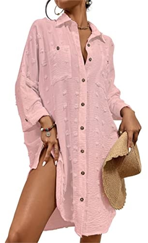 Bsubseach Swimsuit Coverup for Women Bathing Suit Blouse Button Down Shirt Dresses Swiss Dot Light Pink