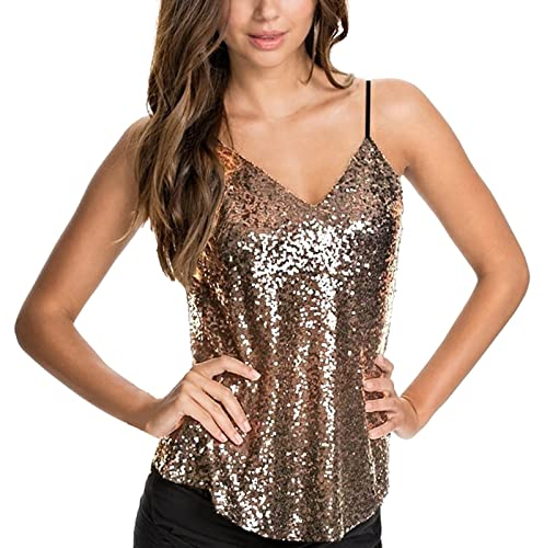 Damen Tops Pailletten Glitzer Oberteile Pailletten Tank Tops Party Weste Ärmellos Tunika Weste Damen Sequin Trägertops Verstellbare Träger top Spaghettiträger Pailletten Tops Blusen (Gold, M)