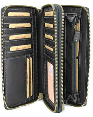 Hochwertige XXL Vintage Leder Damen Geldbörse Portemonnaie langes Portmonee Geldbeutel Organizer mit extra vielen Fächern inkl. RFID in schwarz Gemustert - 20x11x3,5cm (B x H x T)