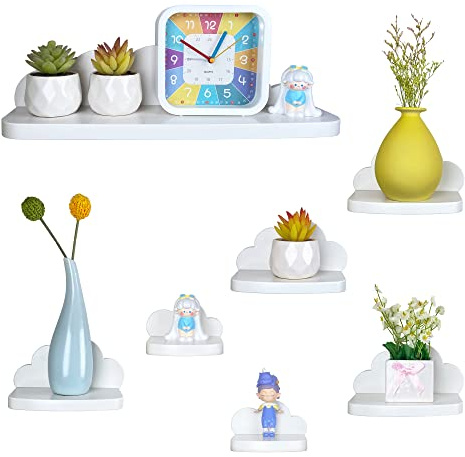 Pyjacos Wandregal Schweberegal 7er Set wall Shelf hängend kreativ für Schlafzimmer Wohnzimmer Küche und Flur Wolken wandbrett Kleine Größe Kleine Größe,Weiß-L