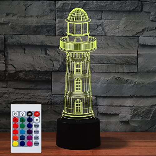 SUPERHONGJIHAO Nachtlicht für Kinder, 3D-Leuchtturm, LED-Lampe mit Fernbedienung, 16 Farbwechsel, Weihnachts-Geburtstagsgeschenk für Kinder