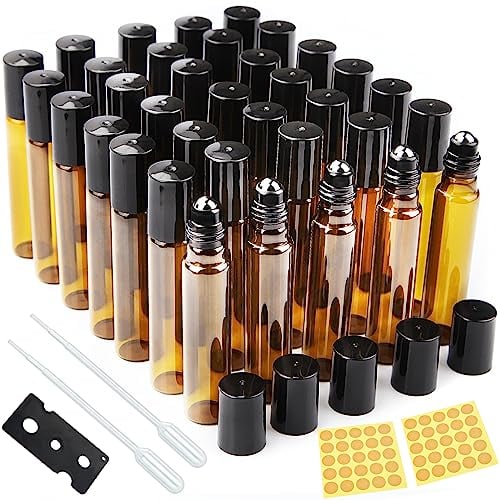 DKBT Roll on Glasflaschen für ätherisches öl Roll on öl Flasche Leer Rollon Flaschen für öle mit Edelstahl-Roller Ball ätherische öle Roll on für ätherische Öle (Braun 35 Stück)