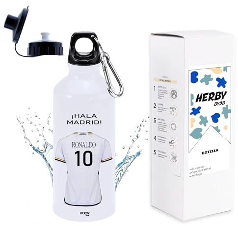 Botella de agua del Madrid personalizado con nombre, bidón de aluminio para llevar, cantimplora para niños de 600 ml con dos tapones, regalos personalizados del madrid (Madrid)