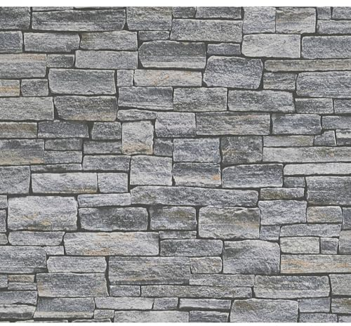 K&L Wall Art Steintapete rustikale Vliestapete Vintage Gartenmauer Tapete Naturstein Wallpaper inkl. Tapezier-Ratgeber (Granitstein grau, schwarz)