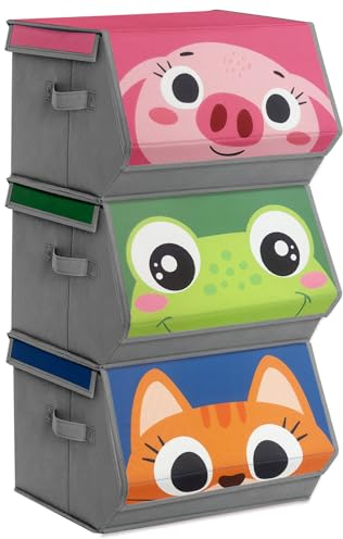 VERONLY 3Pcs Stackable Storage Bins, Cartoon Storage Boxes Storage Drawers with Lids, Kids Foldable Closet Organizers with Velcro for Boys and Girls, Bedroom, Playroom(Pink, Green, Blue)
