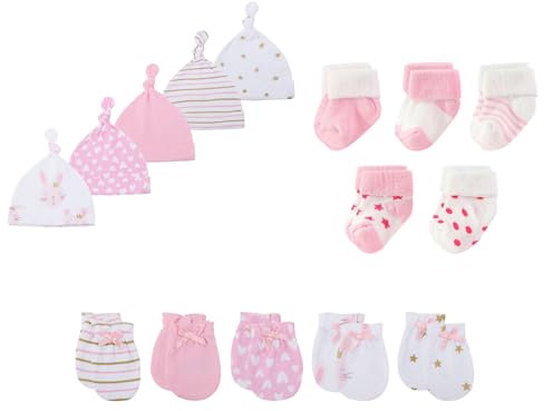 JELYLOVE Unisex Neugeborene Jungen Mädchen Mützen Handschuhe Socken Sets 15er Pack Weich Komfortabel Babyzubehör Neugeboren