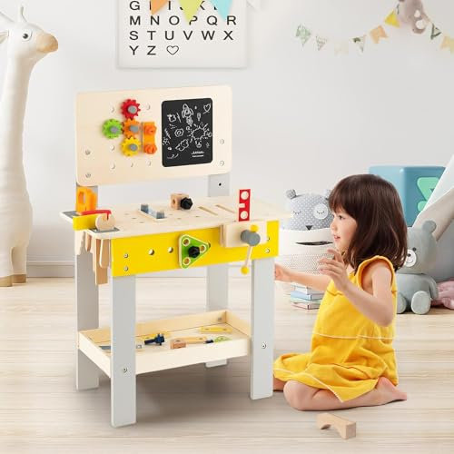 Kids Tool Bench, Wooden Construction Power Tools Workshop, 41 Pcs Realistic Toy Tools and Accessories, Blackboard, Storage Shelf, Work Bench Construction Toys for Toddlers Ages 3 +
