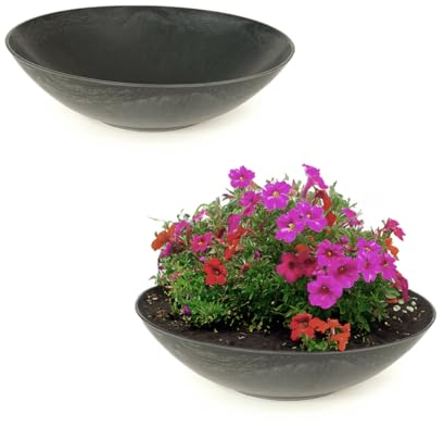 matches21 wetterfeste Pflanzschalen für draussen - Zwei große Dekoschalen in schwarz marmoriert als Blumenschalen - Flache 25 cm Garten Schalen für Blumen, Bonsai oder Friedhof Grab-Schmuck
