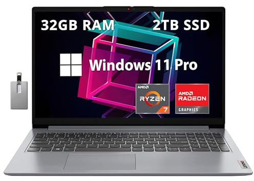Lenovo IdeaPad 1 15.6 FHD IPS Laptop, Ryzen 7 5700U, 32GB RAM, 2TB PCIe SSD, AMD Radeon Graphics, cámara web HD 720p, WiFi, Bluetooth, Windows 11 Pro, gris nube 32GB Hotface USB Card