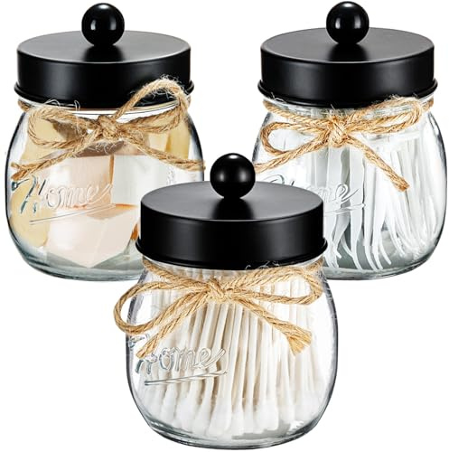 SheeChung 3 Pack Glass Mason Jar Qtip Holder, Black Stainless Steel Lids