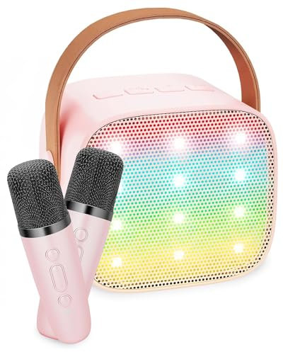 Aucaer Portable Micro Karaoke Bluetooth Complet sans Fil avec 2 Micro avec Magique Voix Change et LED Lumière Qualité Sonore HiFi Mini Microphone pour Enfant Adulte Fille Rose