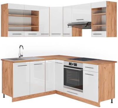 Vicco Eckküche Fame-Line, Weiß Hochglanz/Goldkraft Eiche, 190 x 160 cm | 10 Module · Höhenverstellbare Füße · Arbeitsplatte Eiche · MDF-Fronten · Softclose · Metallgriffe