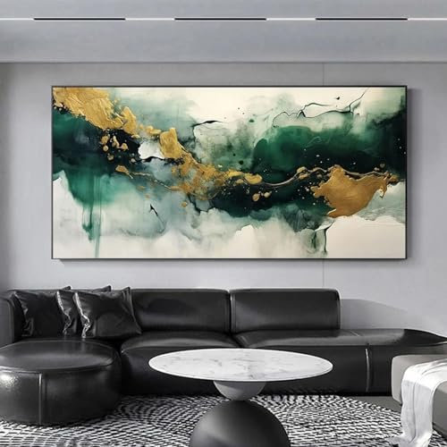 JACBON Peinture à l'huile abstraite vert blanc et or marbre mur Art photo pour salon toile art moderne affiche impression décor 80x160 cm sans cadre