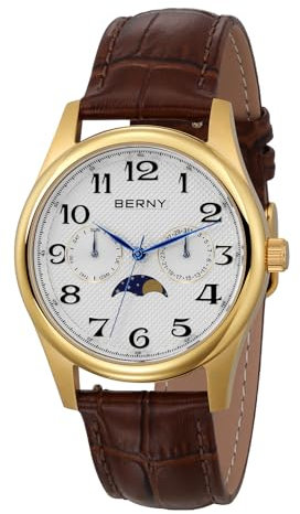 BERNY Quarzuhr Für Männer Mondphase Uhren Tag Datum Blende Armbanduhr Leicht Lesbare Arabische Ziffern Zifferblatt Analoge Uhr Wasserdicht Lässige Uhr Echtes Lederarmband