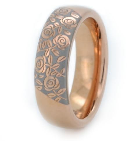 Generisch HoloRing Roségold Wolframring mit Feiner Weißer Gravur von Rosen - Komfort-Design, Kratzfest, Hypoallergen, Personalisierte, 6mm Breite, Hochzeitsringe, Partnerringe, Verlobungsring (62)