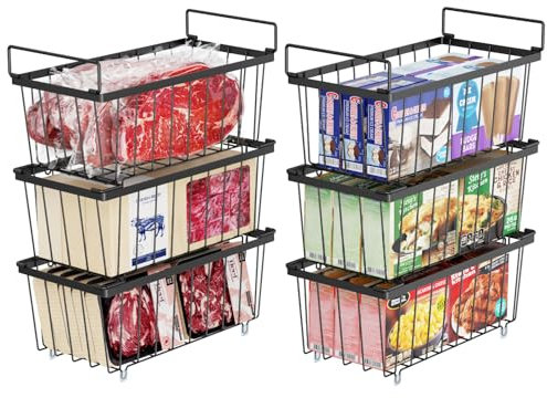 iSPECLE Chest Freezer Baskets - 6 Pack Stackable Wire Basket Add Space for 198L Deep Freezer Easy Get Food with Handles, Sort Food Air Circulation Keep Better Freshness, Black