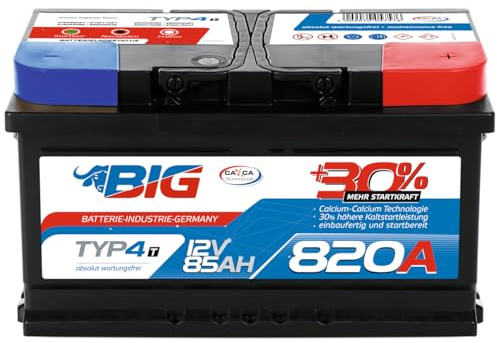 BIG Autobatterie 12V T-Modell +30% mehr Startleistung 85Ah 820A/EN wartungsfreie Bleisäure Starterbatterie ersetzt 80Ah 82Ah
