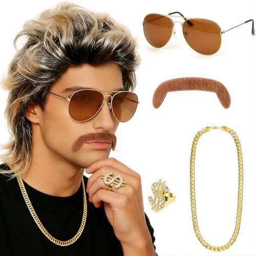 Vokuhila Perücke Herren, für Halloween, Karneval, Kostüm | Enthalten 1 Perücke, 1 Brille, 1 Bart, 1 Ring und 1 Halskette, Du Wirst im Mittelpunkt Stehen, Wenn Sie es Tragen