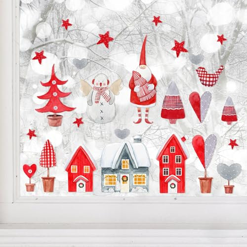 WandSticker4U®- Fensterbilder Weihnachten selbstklebend SCHNEEDORF rot I Weihnachtsdeko Fenster Winter Fenstersticker Kinderzimmer Sterne Baum Häuser wiederverwendbar Deko